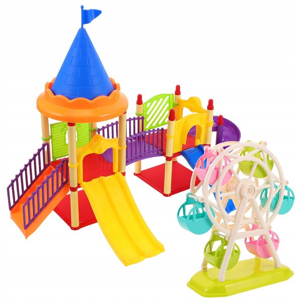 Set 2 Miniature Plazi Giochi con Ruota e Scivolo per Casa delle Bambole