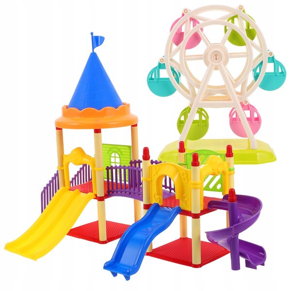 Set 2 Miniature Plazi Giochi con Ruota e Scivolo per Casa delle Bambole