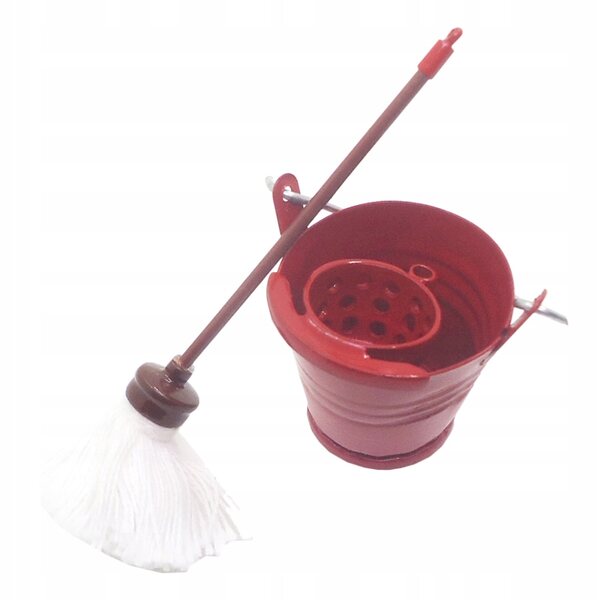 Miniatuur dweil- en emmerset voor microlandschapsdecoraties in rood
