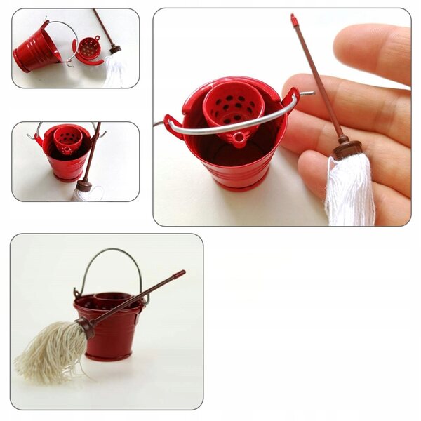 Set Miniatura Mop e Secchio per Decorazioni Micro Paesaggi in Rosso