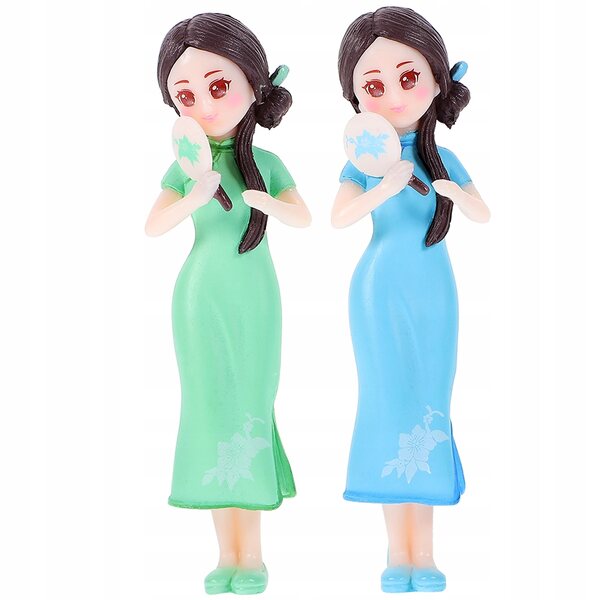 Dekoration mit 2 Harzpuppen, mehrfarbigen, robusten und detaillierten Cheongsam-Modellen