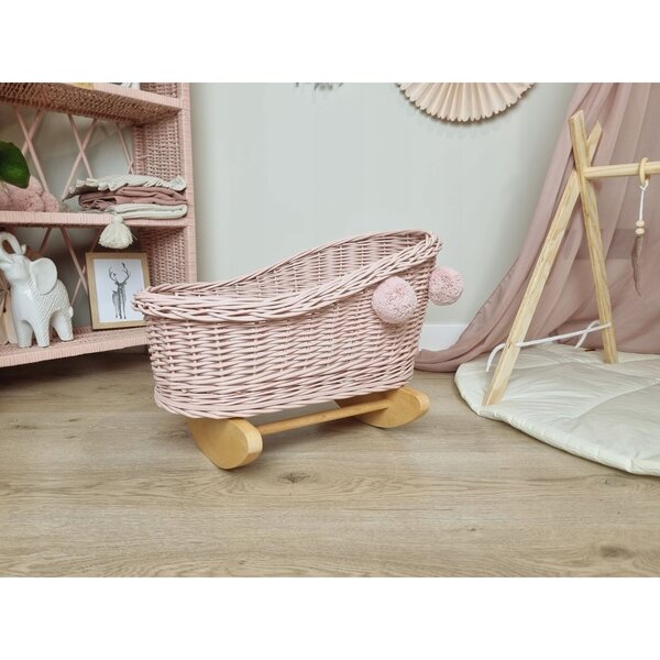 Culla per bambole in vimini rosa con pompon - letto per bambole 43 cm