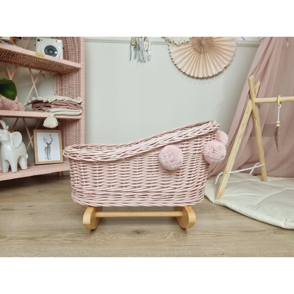 Culla per bambole in vimini rosa con pompon - letto per bambole 43 cm