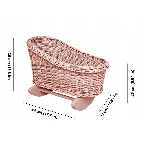 Culla per bambole in vimini rosa con pompon - letto per bambole 43 cm