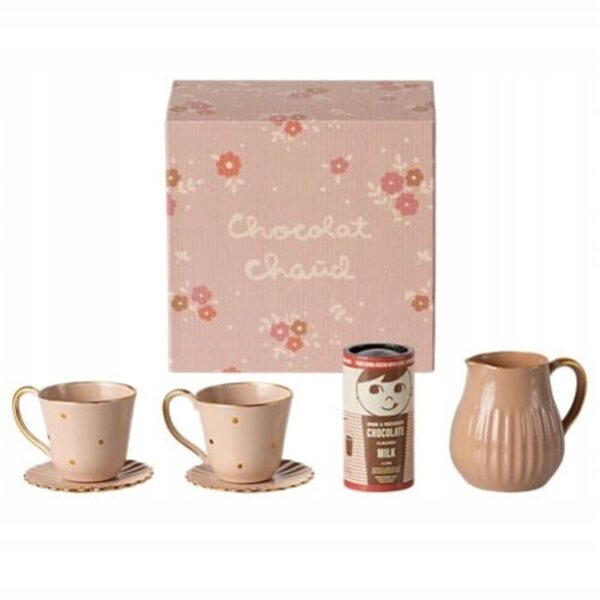 Maileg set miniatura per cioccolata calda con tazzine e accessori in metallo e legno