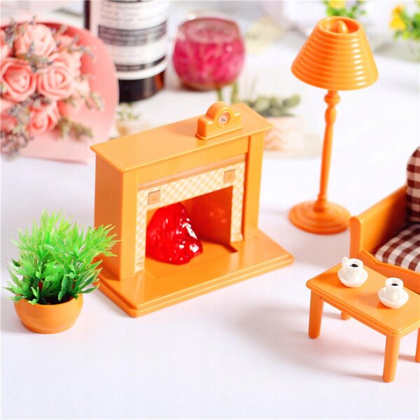 1:12 Puppenhaus-Miniaturzubehör – dekorativer Kamin, Pflanze und Uhr