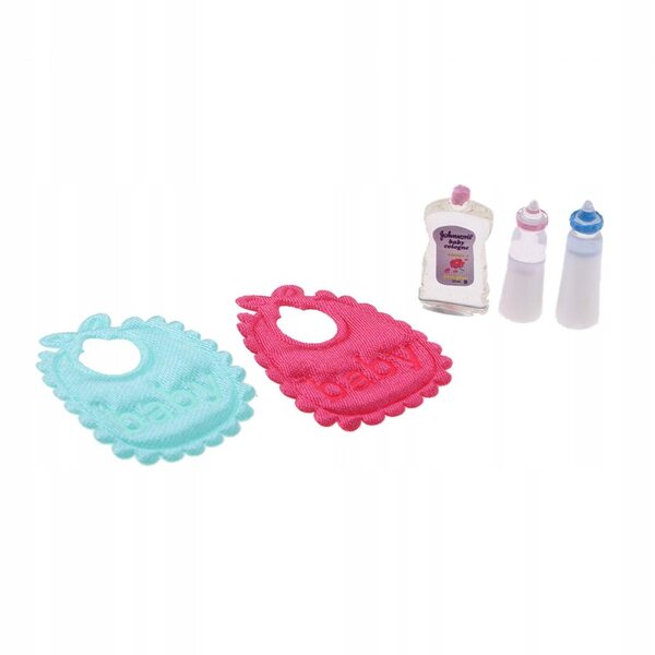 Miniature bottiglie di latte e bavaglini per casa delle bambole 1:12, set 5 pezzi