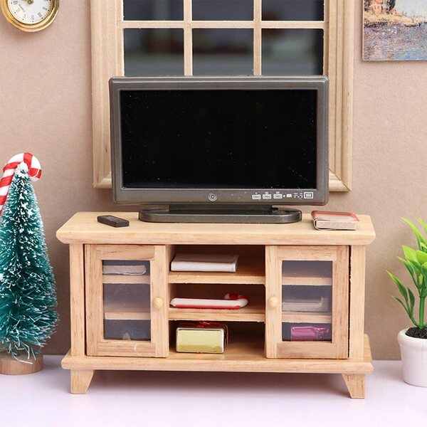 Set Miniatura Mobile TV in Legno per Casa delle Bambole 1:12 con Televisore e Telecomando