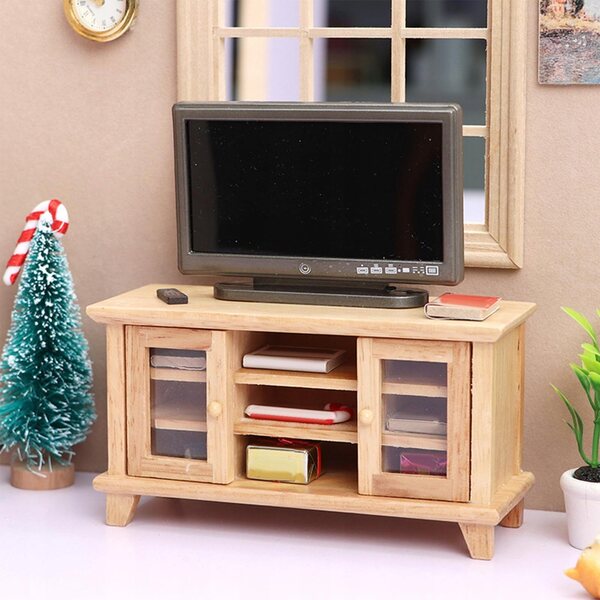 Set Miniatura Mobile TV in Legno per Casa delle Bambole 1:12 con Televisore e Telecomando