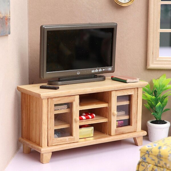 Set Miniatura Mobile TV in Legno per Casa delle Bambole 1:12 con Televisore e Telecomando