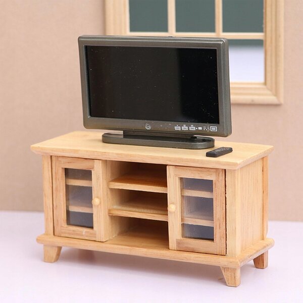 Set Miniatura Mobile TV in Legno per Casa delle Bambole 1:12 con Televisore e Telecomando