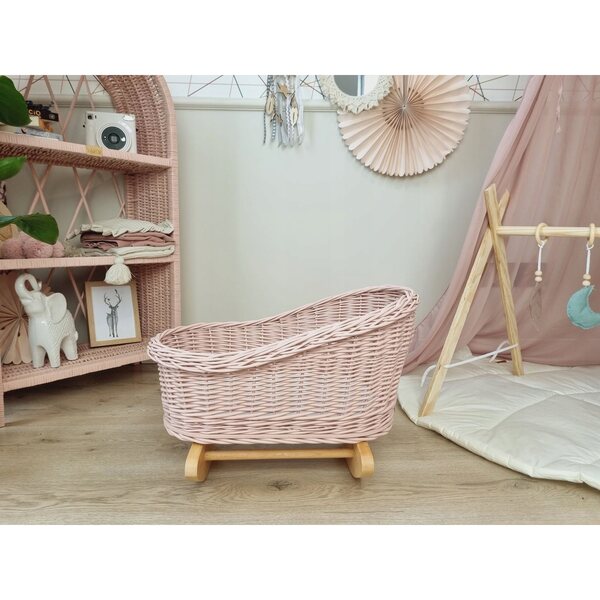 Culla in vimini per bambole rosa con materassino in cotone ecologico
