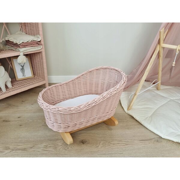 Culla in vimini per bambole rosa con materassino in cotone ecologico