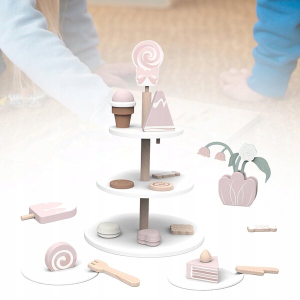 Ein Set hölzerner Dessertspielzeuge für Kinder: sicher und lehrreich