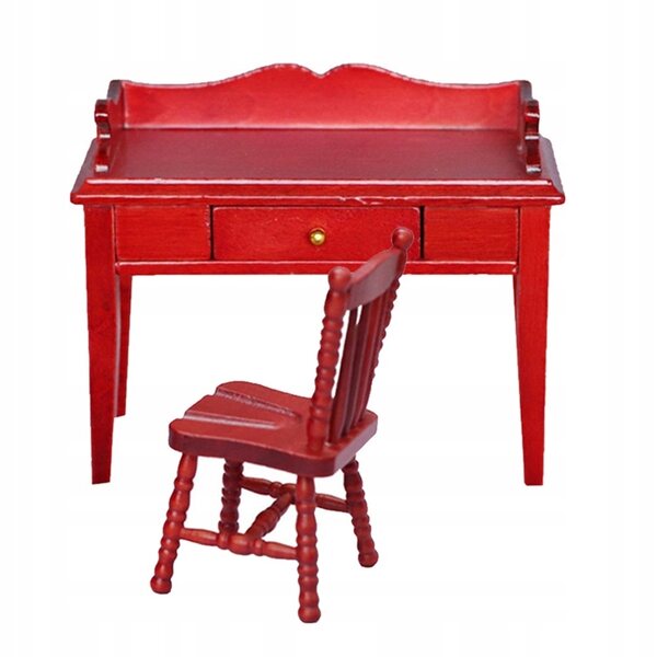 Dekoratives rotes Mini-Schreibtisch- und Stuhl-Set aus Holz für das Puppenhaus