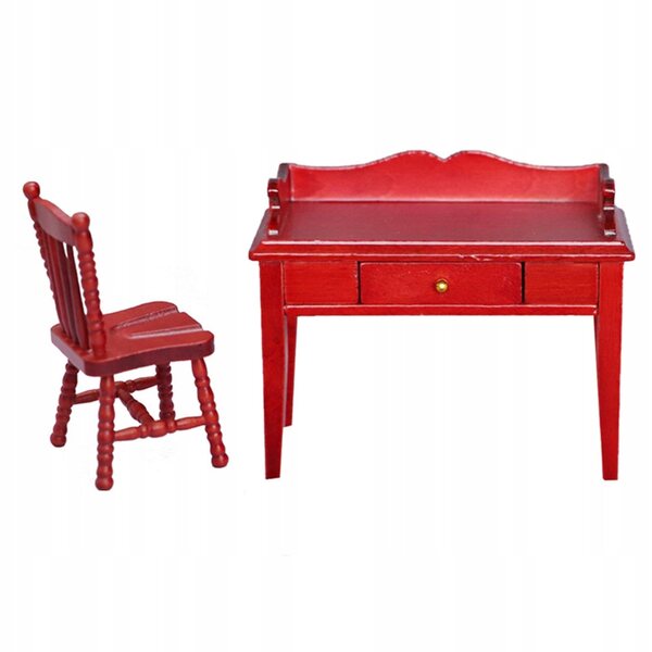 Dekoratives rotes Mini-Schreibtisch- und Stuhl-Set aus Holz für das Puppenhaus