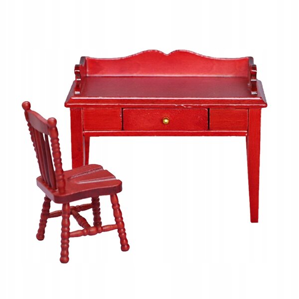 Dekoratives rotes Mini-Schreibtisch- und Stuhl-Set aus Holz für das Puppenhaus