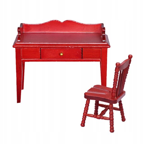 Dekoratives rotes Mini-Schreibtisch- und Stuhl-Set aus Holz für das Puppenhaus