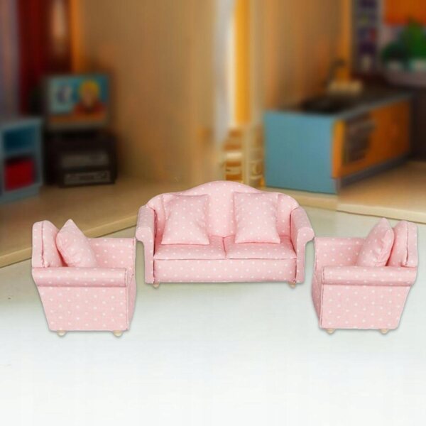 Miniatura 1:12 Divano in Legno con Cuscini Rosa per Casa delle Bambole