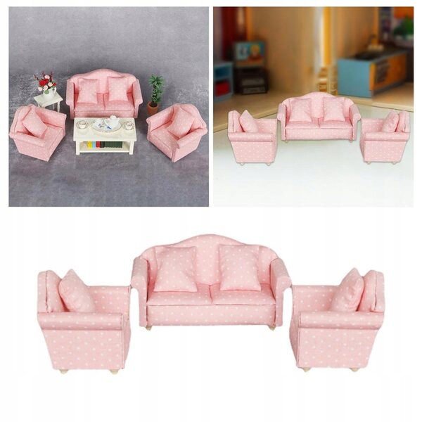 Miniatura 1:12 Divano in Legno con Cuscini Rosa per Casa delle Bambole