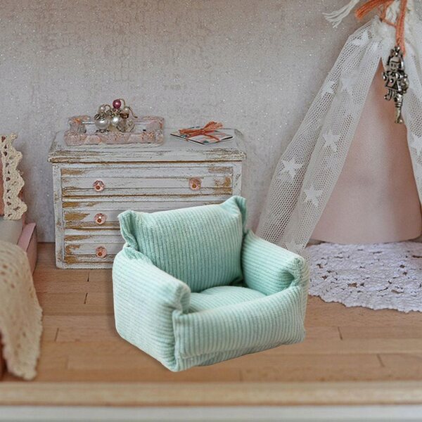 Grünes Sofa für Puppenhaus aus Holz und Stoff, Maßstab 1:12, Miniaturzubehör