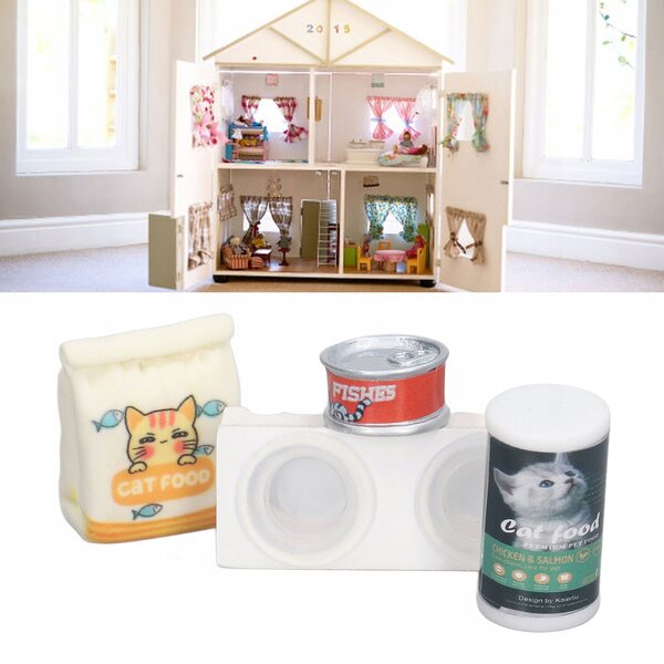 Miniatur-Set aus Schüsseln und Katzenfutter für Puppenhaus 1:12
