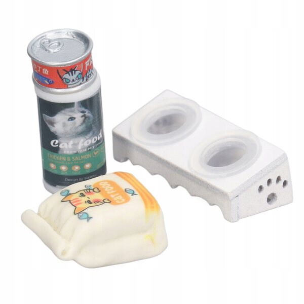 Miniatur-Set aus Schüsseln und Katzenfutter für Puppenhaus 1:12