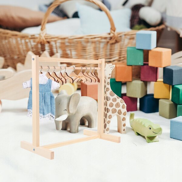 Holz-Wäscheständer für Puppenkleidung mit 10 Kleiderbügeln