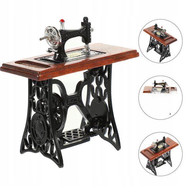 Machine à coudre miniature pour maison de poupée en bois et métal 7,5x7,1 cm