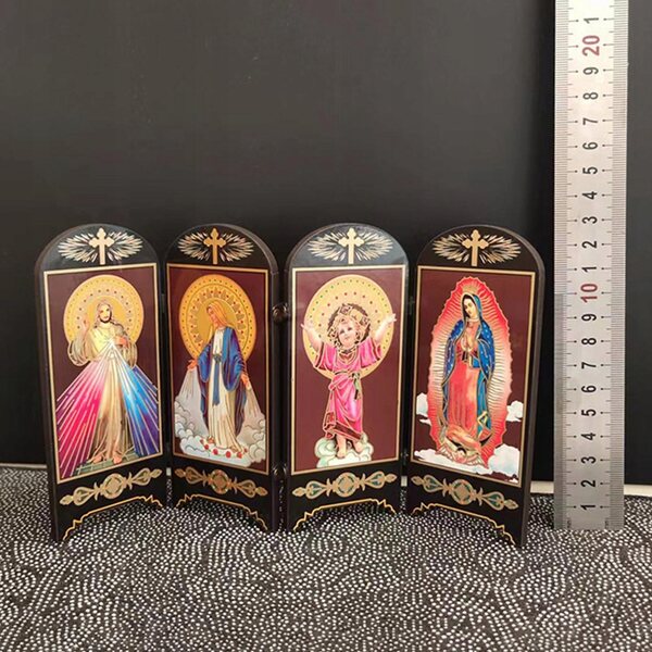 Mini paravento in legno pieghevole decorativo con figura religiosa