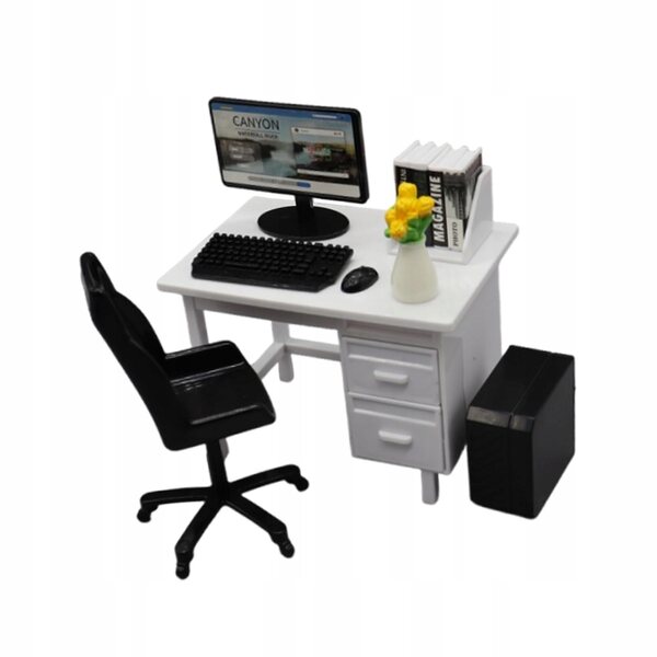 Mini set di mobili da ufficio per bambole in bianco con decorazione a fiore