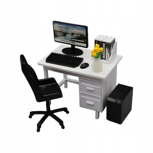 Mini set di mobili da ufficio per bambole in bianco con decorazione a fiore