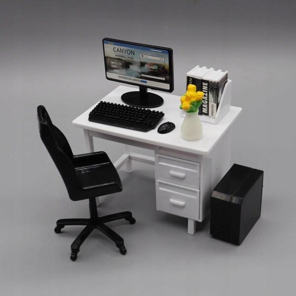 Mini set di mobili da ufficio per bambole in bianco con decorazione a fiore