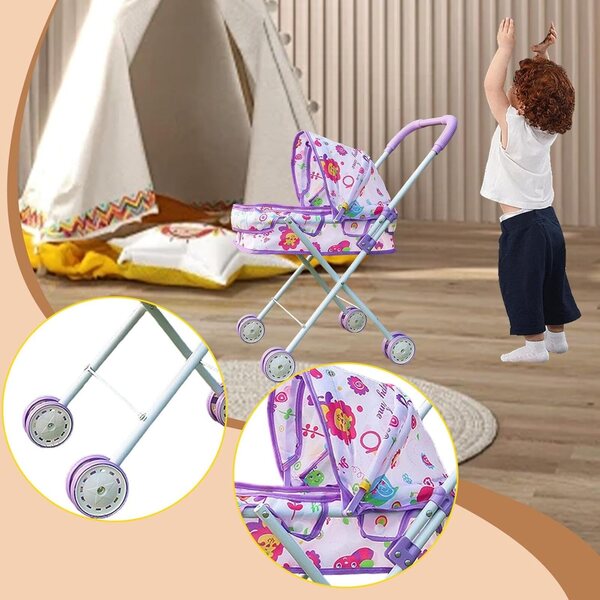 Amagogo Zusammenklappbarer Kinderwagen für Puppen, Lernspielzeug, Lila, 33 x 26 x 54 cm