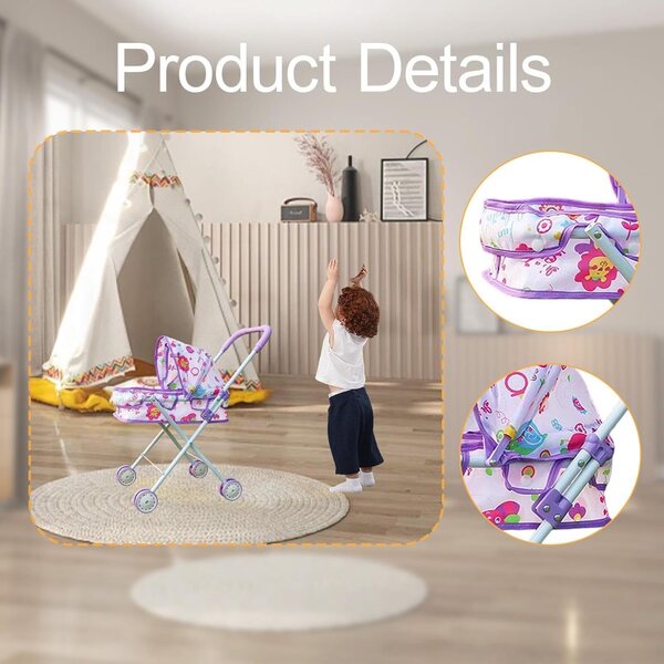Amagogo Zusammenklappbarer Kinderwagen für Puppen, Lernspielzeug, Lila, 33 x 26 x 54 cm