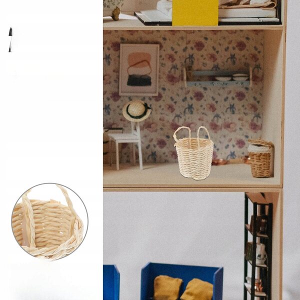 Mini cesta in rattan decorativa per casa delle bambole 5x4x3,5 cm realistica