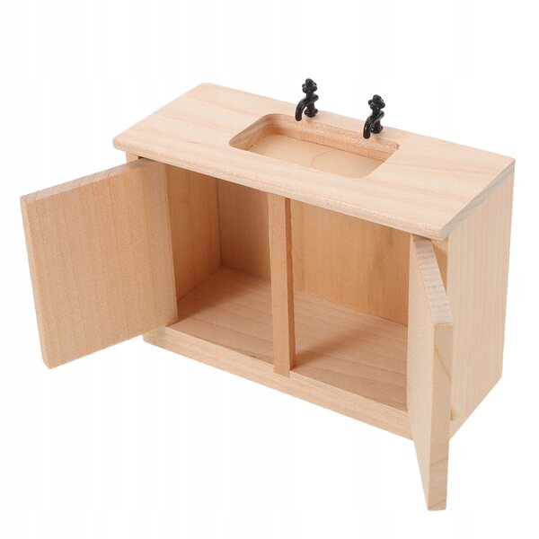 Miniatura armadietto bagno in legno con lavabo per casa delle bambole 1:12