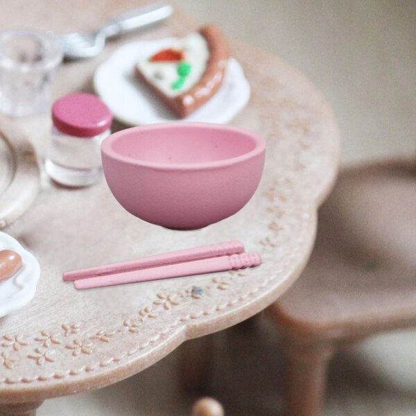 1:12 Puppenhaus Mini-Küchenset aus Holz mit rosa Schüssel und Essstäbchen