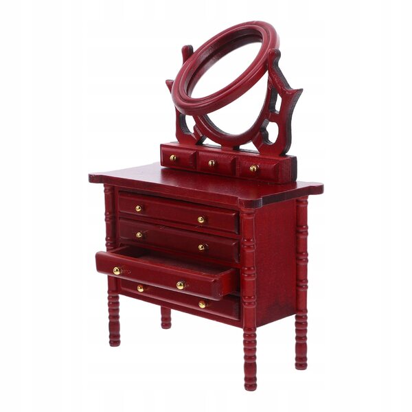 Mini toeletta in legno rossa per casa delle bambole con specchio e cassetti