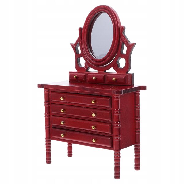 Mini toeletta in legno rossa per casa delle bambole con specchio e cassetti