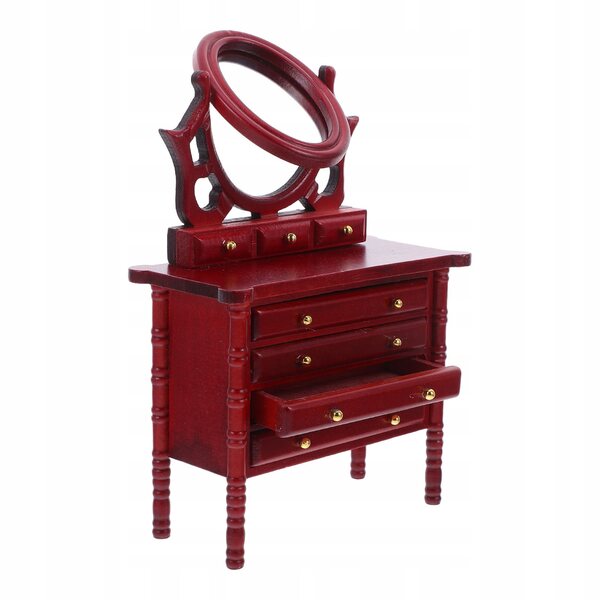 Mini toeletta in legno rossa per casa delle bambole con specchio e cassetti