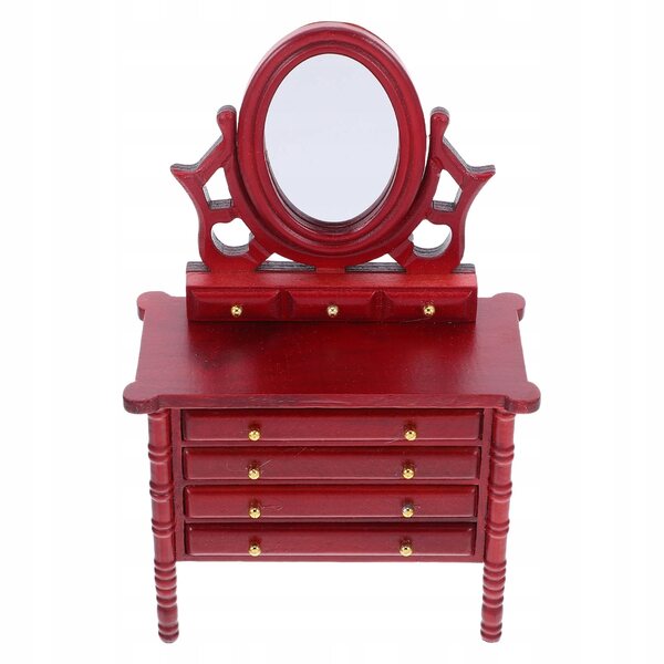 Mini toeletta in legno rossa per casa delle bambole con specchio e cassetti