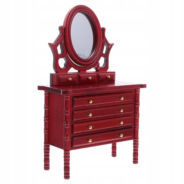 Mini toeletta in legno rossa per casa delle bambole con specchio e cassetti