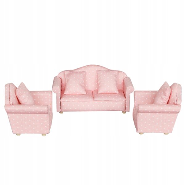 Set 3 Mini Sofà Rosa per Case delle Bambole in Tessuto e Legno, Dettagli Realistici