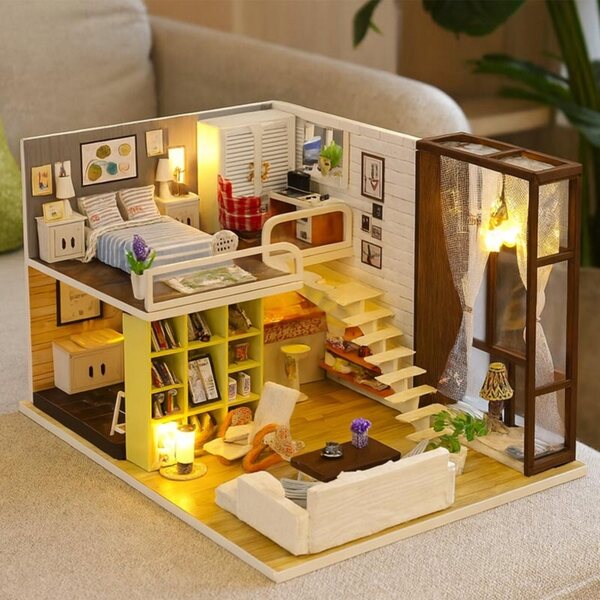 Miniaturowy domek Czekoladowe brązy Drewniany Led Piętrowy Nowoczesny DIY