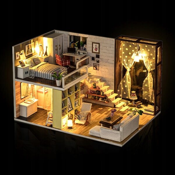 Miniaturowy domek Czekoladowe brązy Drewniany Led Piętrowy Nowoczesny DIY