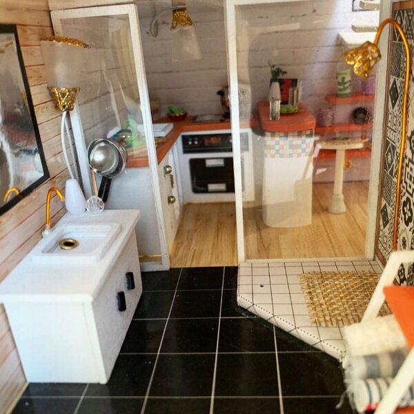 Miniaturowy domek Czekoladowe brązy Drewniany Led Piętrowy Nowoczesny DIY