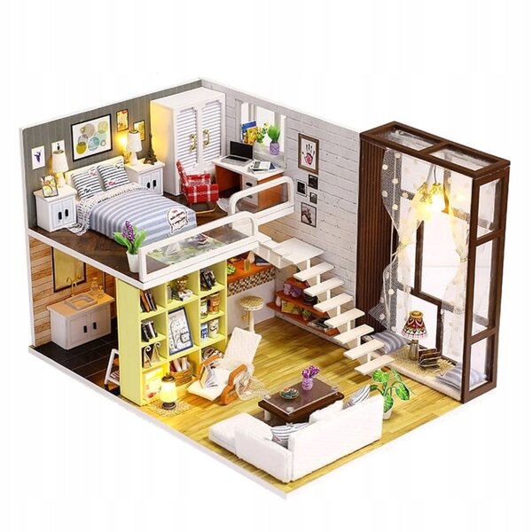 Miniaturowy domek Czekoladowe brązy Drewniany Led Piętrowy Nowoczesny DIY