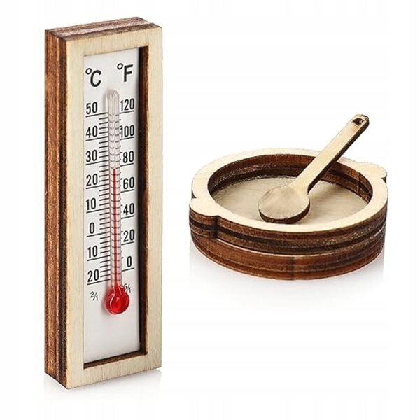 Miniatur-Sauna-Dekorationsset mit Fass, Thermometer und Holzlöffel