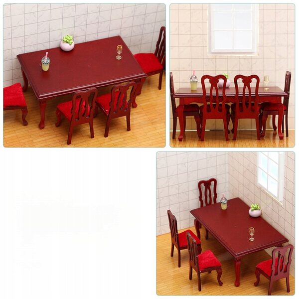 Miniatuur houten tafel en stoelenset voor poppenhuis, rood
